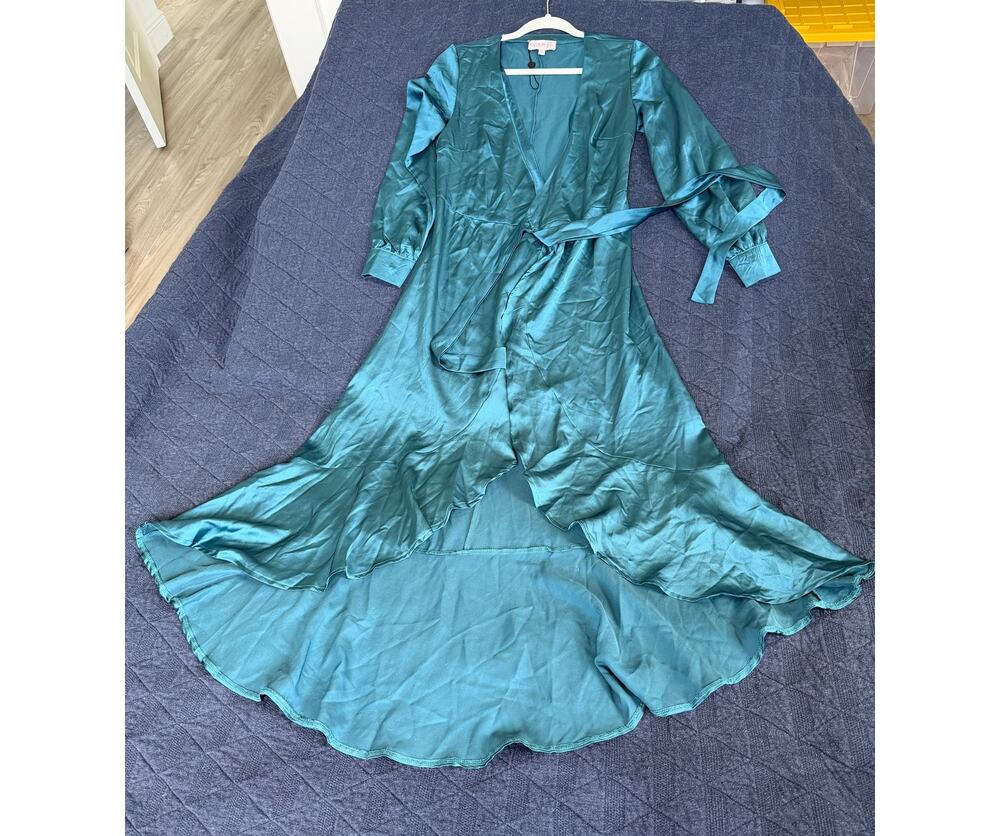 Club L London Patricia Green Satin Plunge Wrap Maxi Dress US 4 UK 8